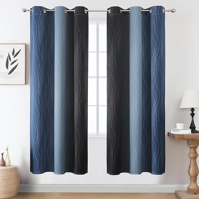 Estelar Textiler Navy Blue and Black Ombre Blackout Curtains 72 Inches Long, Full Room Darkening Grommet Curtains for Bedroom, Thermal Insulated Light Blocking Gradient Drapes, 42Wx72L, 2 Panels