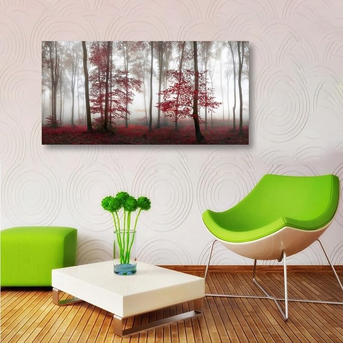Misty Forest Pictures Canvas Wall Art for Living room Office Bedroom Wall Decor,Forest Wall Art Print Paintings Modern Nature Red Tree Artwork Waterproof Ready to Hang-28x57 inch