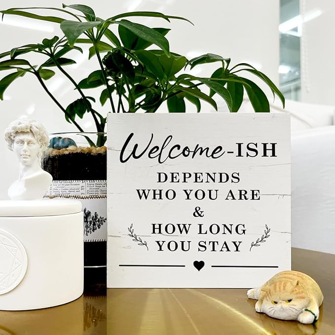 Funny Welcome Decor, Welcome-ish Depends Who You Are Sign, Box Sign Tabletop Decor, Farmhouse Welcome Wood Sign, Welcome Decor for Shelf, Front Door Decor, Porch Decor, Housewarming Decor