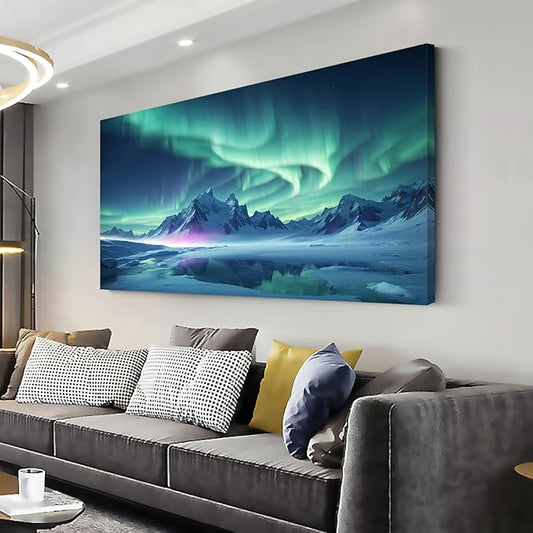 ZESTFLICKR Wall Art canvas prints Aurora Snow Mountain Lake photography Picture Modern Wall Art for romantic gifts Living Room Home Office Decor(20x40inch)
