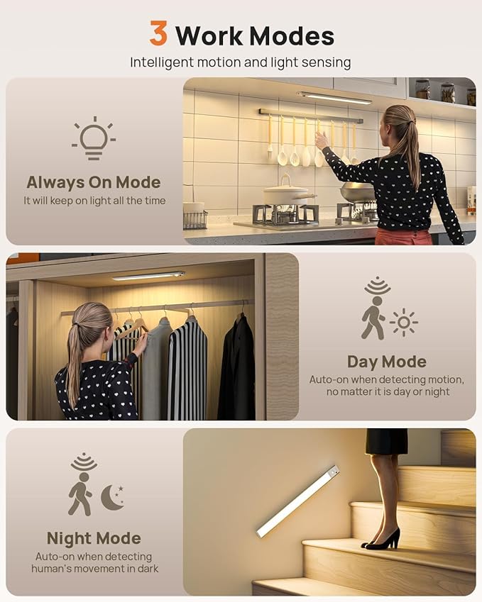 Under Cabinet Lights,80 LED Motion Sensor Light Indoor,4000mAh USB Rechargeable Closet Lights with Remote Control,3 Color Temps Wireless Under Counter Lights for Bedroom,Kitchen,Wardrobe,Stair