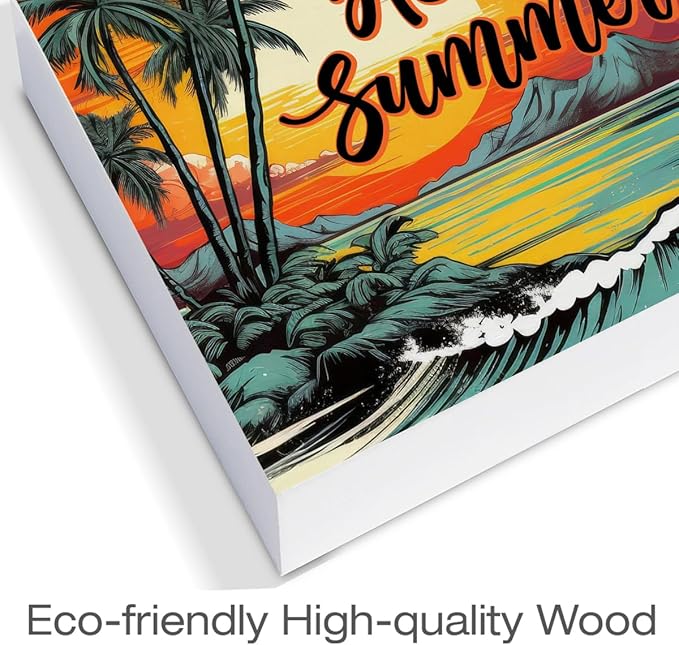 Hello Summer Decor Beach Wood Block Sign Sun Coconut Palm Decorations for Home Desk Table Shelf 5 x 5 Inches