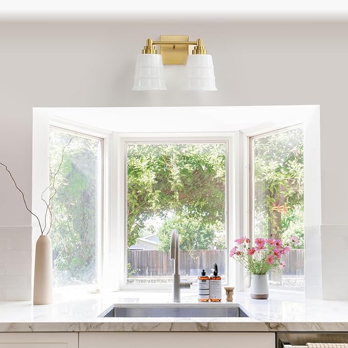 Gold Bathroom Vanity Light Fixture, 2 Light Bathroom Light Fixtures Over Mirror with Milky White Glass and Metal Base Wall Sconce,13.4 inch Modern Vanity Light for Bathroom (Exclude E26 Bulb)