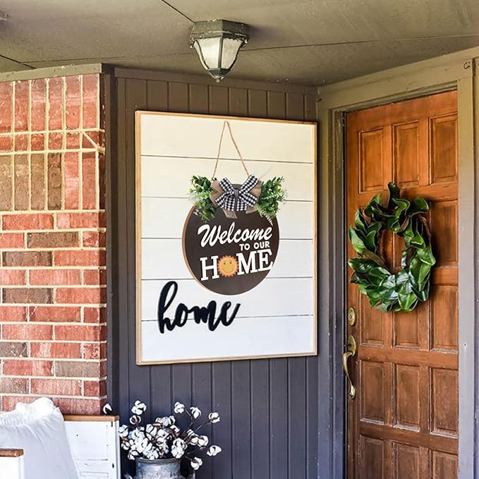 Interchangeable Welcome Sign for Front Door Decoration with 4 Seasonal Wreaths and 14 Holiday Icons, Black Welcome Door Hanger, Rustic Wooden Front Porch Sign Home décor(Black)