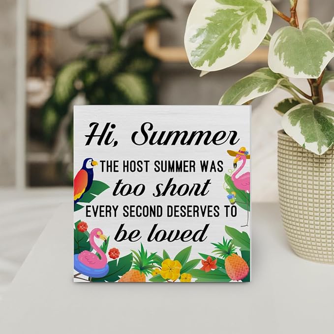 Summer Decorations Summer House Wood Block Sign Flamingo Decor for Home Desk Table Shelf 5 x 5 Inches