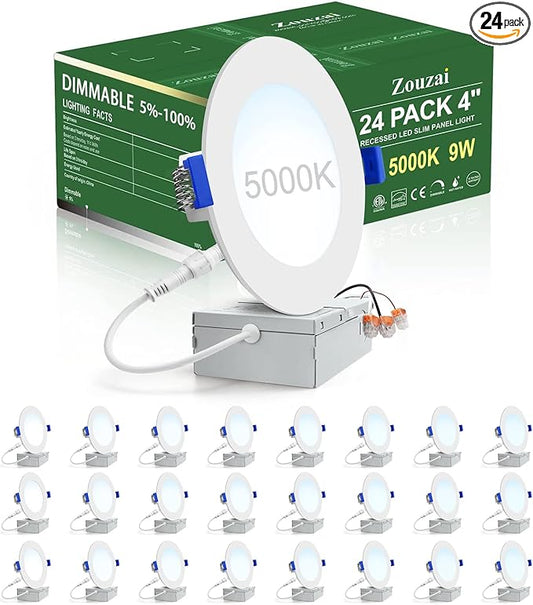 zouzai 24 Pack 4 Inch Ultra-Thin LED Recessed Ceiling Light with Junction Box, 5000K Daylight, 9W 80W Eqv, Dimmable Can-Killer Downlight, 810LM High Brightness - ETL and Energy Star Certified