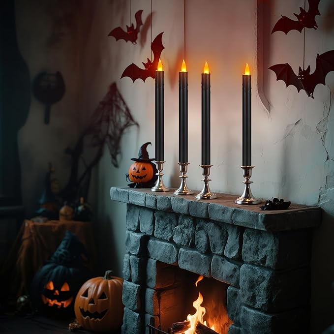 6 Pcs Black Flameless Taper Candles with Remote, 10" Tall Electric Led Candlesticks, Plastic Battery Operated Taper Candles for Halloween Dinner Party Wedding Birthday Home Décor(Black Drip)
