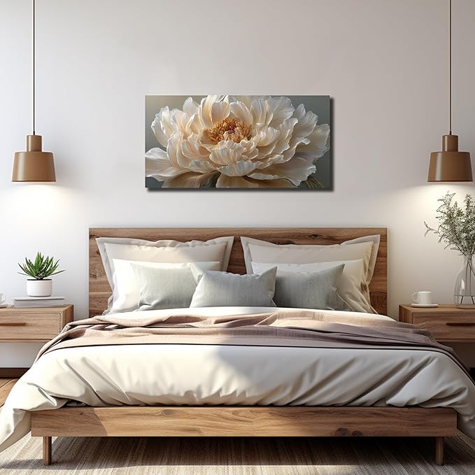 Ouzzlie Flower Canvas Wall Decor for Bedroom Living Room Office White Wall Art Floral Picture Art Light Yellow Peony Modern Artwork Posters 20"x40"