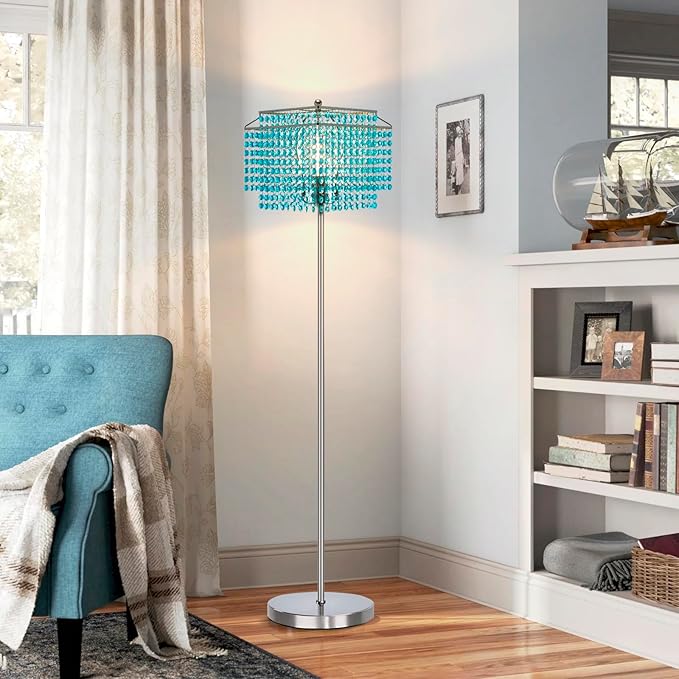 Luvkczc Crystal Floor Lamp Blue, 64" Tall Elegant Standing Lamp with On-Off Foot Switch, Double-Layer Lampshade, Light Blue Standing Lamps for Living Room, Bedroom, Office, 8W Bulb Included