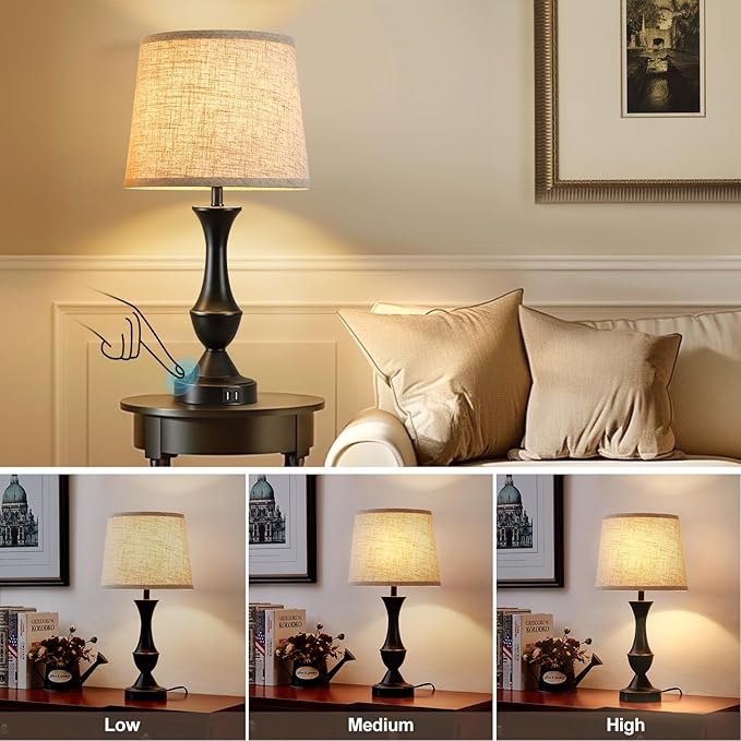 Upgraded Touch Table Lamps Set of 2, 22" Tall Bedside Lamps with USB C+A Ports, 3 Way Dimmable Nightstand Lamps for Bedroom, Living Room, Office, Black Lamp with Beige Lampshade, Bulb Included