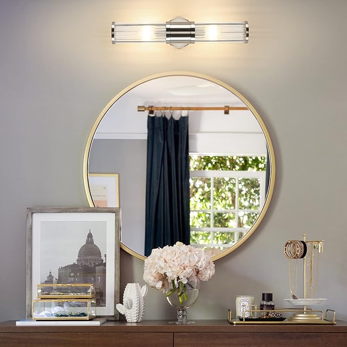 Brushed Nickel Bathroom Light Fixture, Industrial Up & Down Wall Vanity Sconce Indoor Farmhouse Glass Rods Bath Vanity Light Mirror Lighting Lamps Wall Mounted E12 Socket(Without Bulbs)