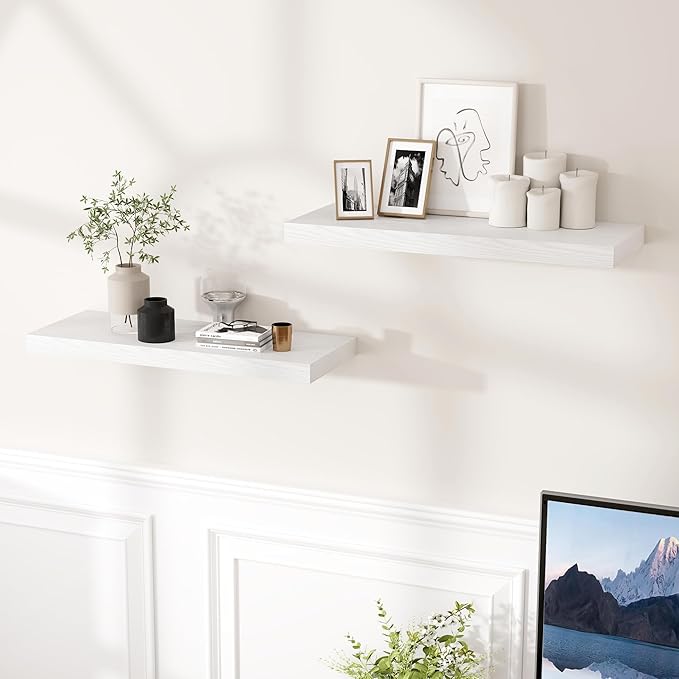 Fun Memories White Floating Shelves for Wall, 24 x 9.3 x 1.5 Large Floating Shelf Set of 2, 9.3 Deep Wall Shelf for Kitchen, Living Room, Rustic White Shelves for Home Decor & Storage