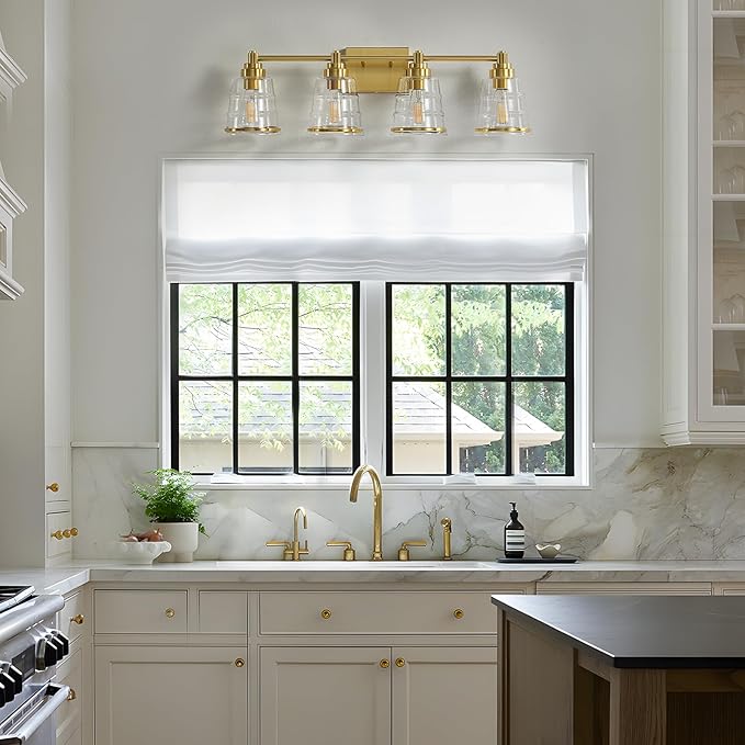 Gold Bathroom Vanity Light Fixture, 4 Light Bathroom Light Fixtures Over Mirror with Clear Glass Shade and Metal Base Wall Sconce, 29.1inch Modern Vanity Light for Bathroom(Exclude E26 Bulb)