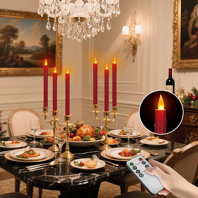 12 Pcs Burgundy Flameless Taper Candles with Remote, 10" Tall Electric Led Candlesticks, Plastic Battery Operated Taper Candles for Halloween Dinner Party Wedding Birthday Home Décor