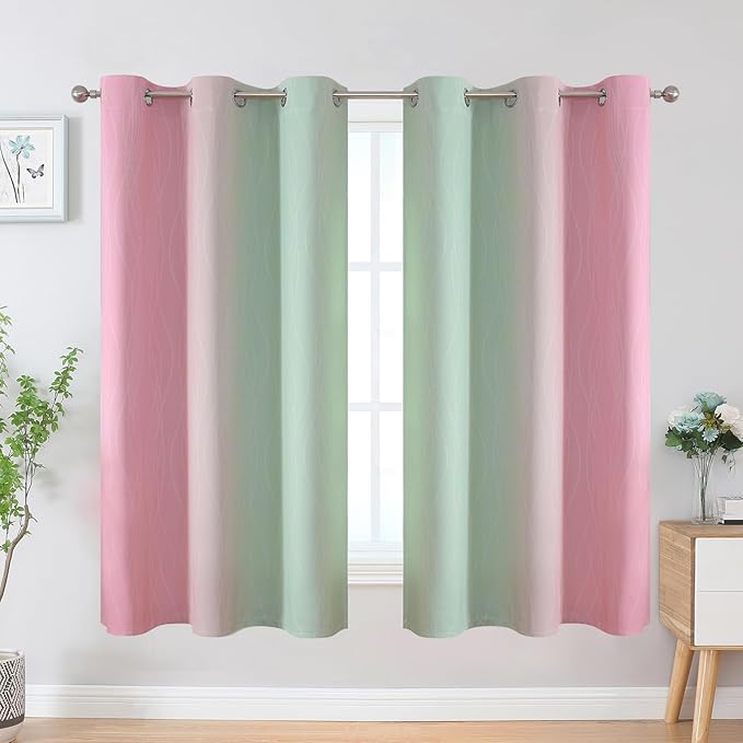 Estelar Textiler Pink and Sage Green Blackout Curtains & Drapes for Bedroom, Thermal Insulated Ombre Blackout Drapes, Room Darkening Energy Saving Curtains for Living Room, 42Wx63L, 2 Panels