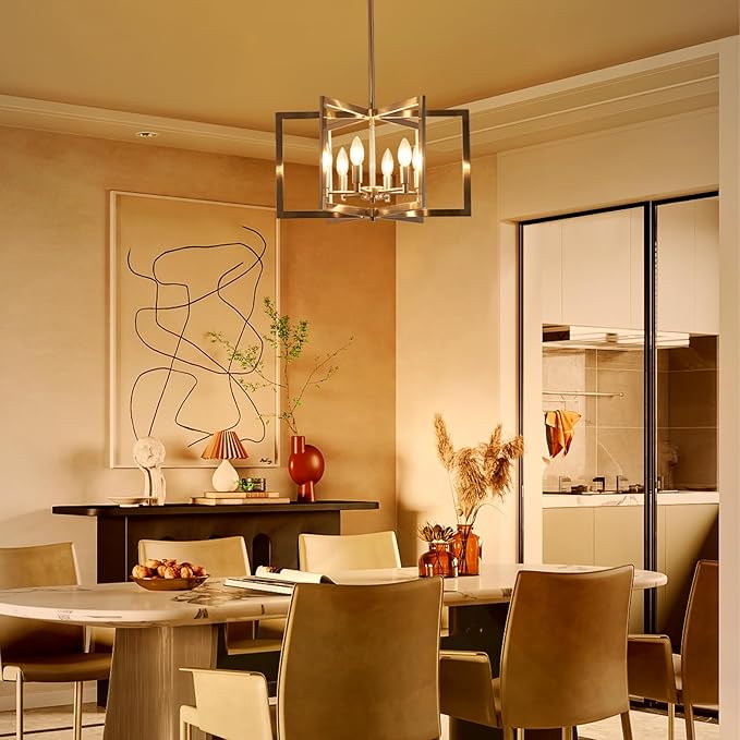 Brushed Nickel Chandelier 6-Light Modern Geometric Metal Lighting Fixture for Dining Room Kitchen Island Living Room Entryway Hallway Bedroom, 20 Inch Adjustable Pendant Ceiling Hanging Lamp