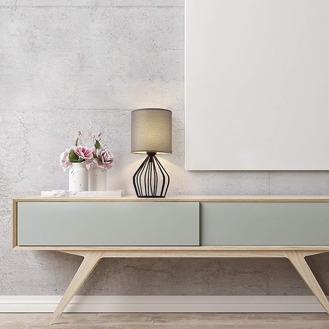 HAITRAL Farmhouse Table Lamp - Small Nightstand Lamp for Bedroom, Black Metal Cage Table Lamp for Living Room, Dorm, Office with Hollowed Out Base, Gray