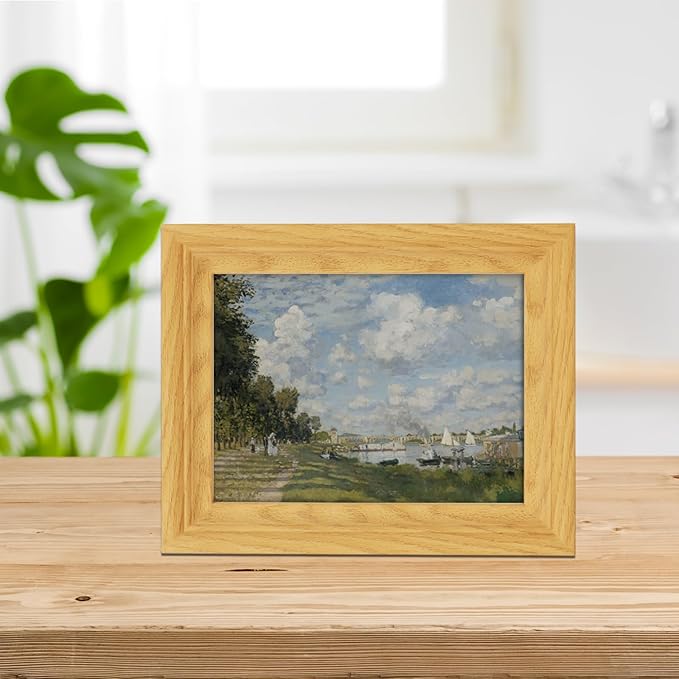 Brivoria Framed Canvas Wall Art Vintage Decor, Impressionist Riverside Landscape with Autumn Sky Sailboats and Tree-Lined Path for Desk Shelf Living Room Bedroom or Office Rustic Fall Display, 8"x10"