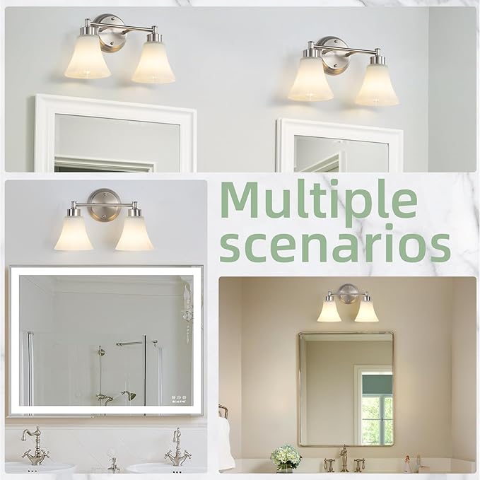 LOUSACE 2 Light Bathroom Vanity Light Brushed Nickel Bathroom Lighting Fixtures Over Mirror with Opal White Frosted Glass, Vintage Traditional Wall Lighting Fixture Satin Nickel Vanity Lights