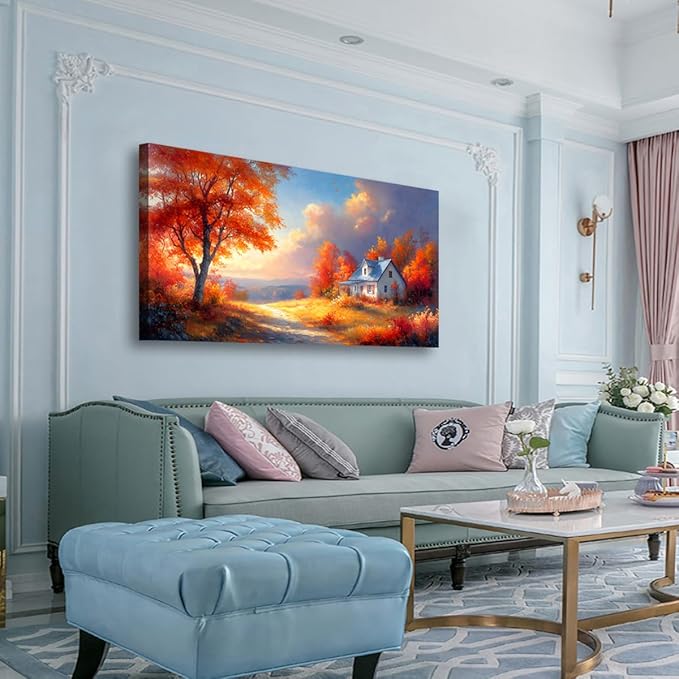 Village House Red Tree Canvas Wall Art Bedroom Wall Decor Living Room,Autumn Scenery Wall Art Office Kitchen Paintings Artwork Modern Abstract Pictures Art Prints Waterproof Ready to Hang-20x40inch