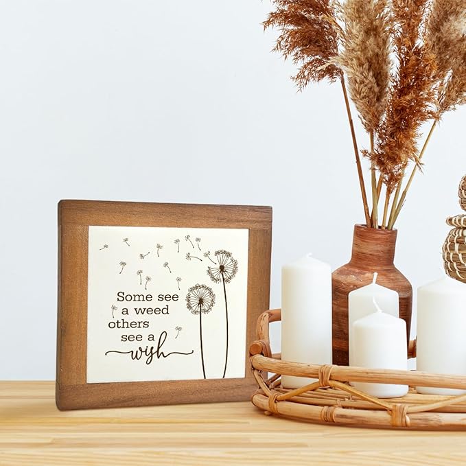 Inspirational Wood Sign, Box Wood Plaques Desk Décor, Dandelion Sign, Wooden Plaque Gift Tabletop, Elegant Home Decor, Farmhouse Decor Set, Housewarming Gift, Some See a Weed Others See a Wish B1