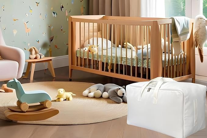 Soft Canvas Clothes Storage Bags with Four Carrying Handles and Clear Window, Closet Organizer for Clothing, Blankets Sheets and Bedding, 55L, 2 Pack, Beige