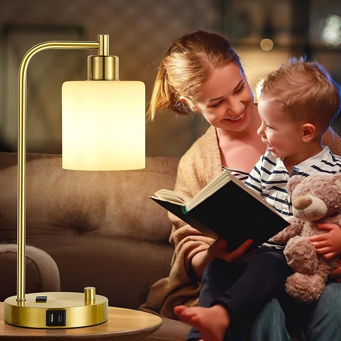 Set of 2 Industrial Table Lamps with USB C+A Ports and Outlet, Gold Fully Stepless Dimmable Bedside Lamps, Nightstand Lamp with Opal Glass Shade for Reading Office (2 LED Bulb)