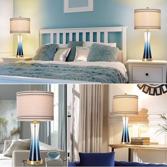 27.4''Table Lamps for Living Room Set of 2,3-Way Dimmable Modern Glass Bedside Lamps with USB Ports,Tall Lamps for Night Stands,Touch End Table Lamps for Bedroom Desk Lamps for Home Office(Blue)