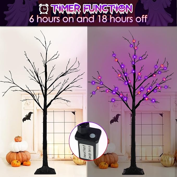 2-Pack 4FT Lighted Black Halloween Tree with 96 LED Orange & Purple Lights (Higher Size & Floor Standing), Halloween Decorations Spooky Tree for Indoor & Outdoor, Home Holiday Party Garden Lawns Decor
