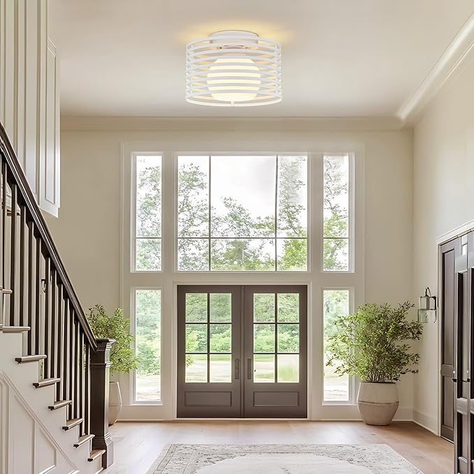 Modern Industrial Frosted White Small Semi Flush Mount Ceiling Light Fixture,Close to Ceiling Lamp Lighting Fixture With Milk Glass Cover,for Closet Hallway Bathroom Foyer Entryway Pantry Laundry room