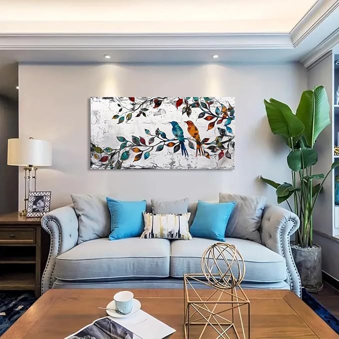 Wall Art Funny Paintings Colorful Birds on a Branch Art Mural Pop Art Home Office Wall Decor Framed Canvas Wall Decor for Living Room Ready to Hang - 58x28in