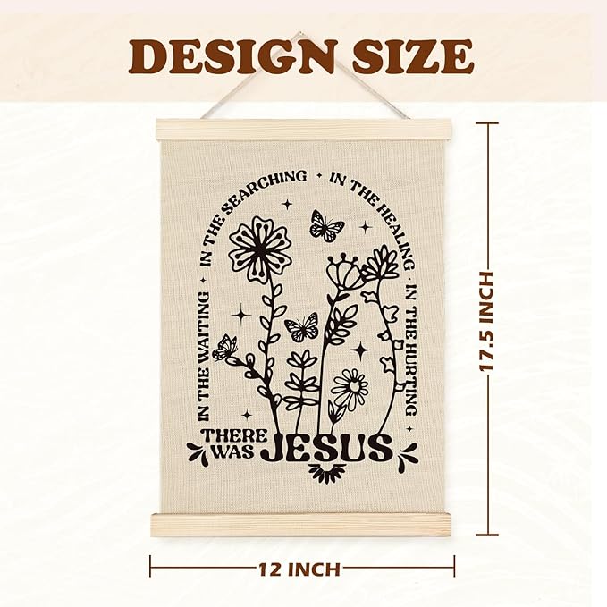 Supwhd Boho Floral Christian Wall Art with Wooden Poster Hanger, There Was Jesus Bible Verses Scripture Wall Decor, Christian Wall Decor for Home Room, 12x16