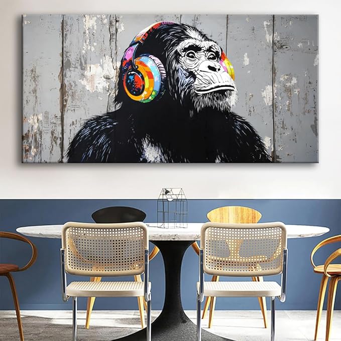 Wall Art Graffiti Gorilla Abstract Canvas Painting Textured Picture, Modern Landscape Artwork Framed for Living Room Bedroom Bathroom Office Home Decor 58x28in