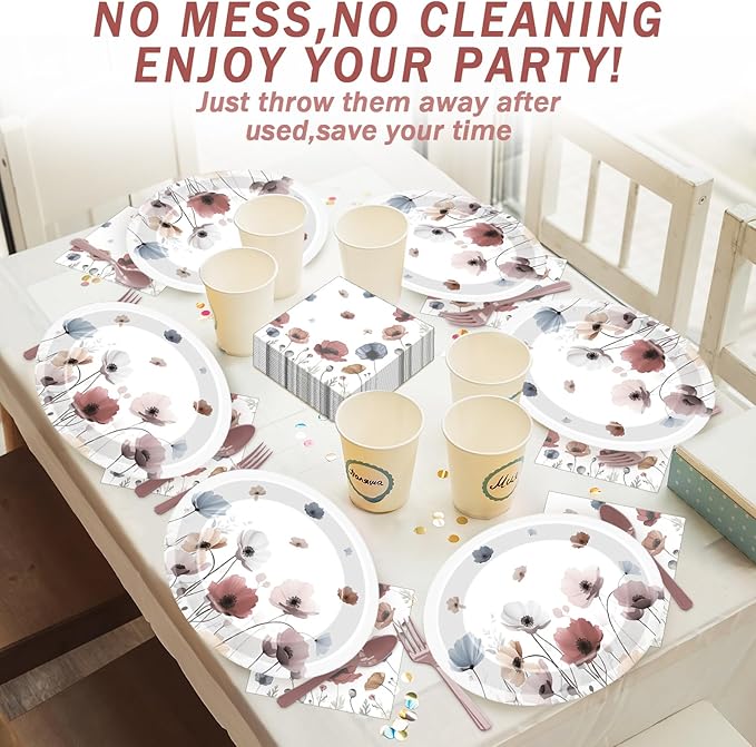 Fall Brown Poppy Floral Leaves Party Supplies Oval Paper Plates 11inch Large Seasonal Autumn Plates and Napkins Watercolor Floral Leaf Party Decoration Favor Dish Tray Birthday Tableware, 25 Guest