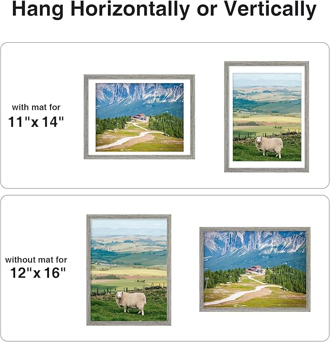 Vittanly 12x16 Picture Frame for Wall, Plexiglass, Displays Poster 11x14 with Mat or 12x16 without Mat, PVC Frame Material, Horizontal or Vertical Hanging, 1 Pack, Grey