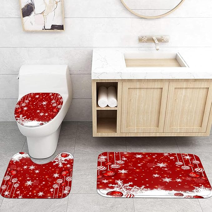 FZDHHY 4PCS Christmas Red Bathroom Decor Set Christmas Decorative Ball Shower Curtain Set Snow Bathroom Set Festivals Shower Curtains for Bathroom with Hooks 72x72 inch