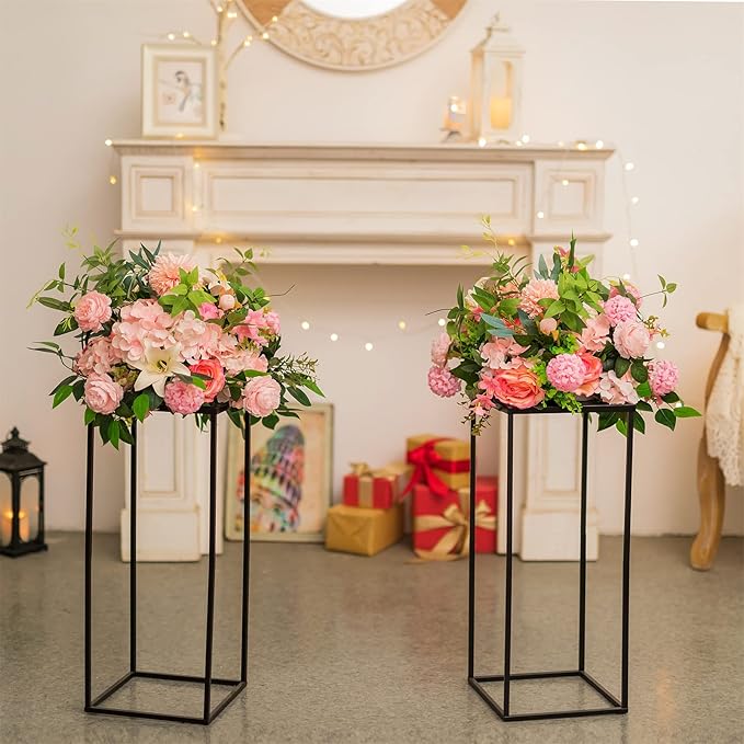 Sziqiqi Wedding Centerpieces Vase for Tables with Plates - 2 Pcs Metal Column Geometric Flower Stand 23.6in Black Flower Display Rack Decorations for T-Stage Reception Party Fiesta Event Home