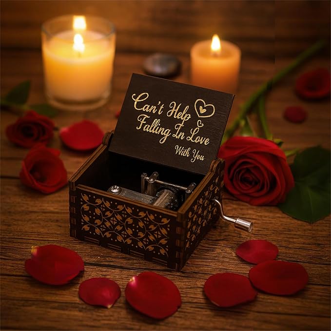 "Can't Help Falling in Lov"Hand Crank Music Box Vintage Wood Engraved Musical Gift for Her/Him, Romantic Love Valentine's Day, Anniversary, Birthday Present for Wife, Husband, Girlfriend, Boyfriend