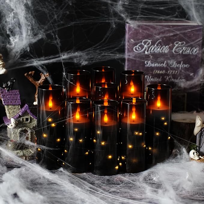 Flameless LED Candles with Timer 9 Pc Flickering Flameless Candles for Romantic Ambiance and Home Decoration Stable Acrylic Shell,with Embedded Star String,Battery Operated Candles(Black)
