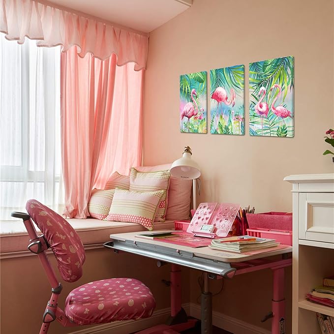 YUANAND Flamingo Wall Decor Animal Pictures - Palm Green Tropical Plant for Kids Girls Room Decor - Framed Posters Paintings Bedroom Decor