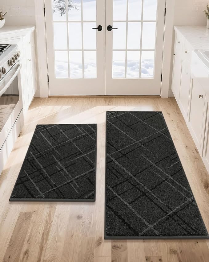 COSY HOMEER Kitchen Mats, 2 PCS Kitchen Rug Non Slip Washable, Absorbent Runner Rugs for Kitchen Floor, Polyester Kitchen Sink Rug 20"x32" + 20"x48"(Dark Gray)