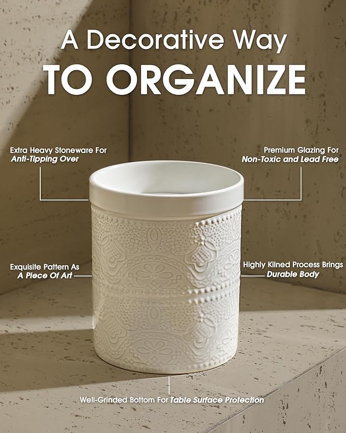 FUN ELEMENTS Kitchen Utensil Holder, 7.2+5.5" Super Large Utensil Crock Heavy and Stable Lace Emboss Ceramic Utensil Holder for Kitchen Counter(2Pcs Bright White)
