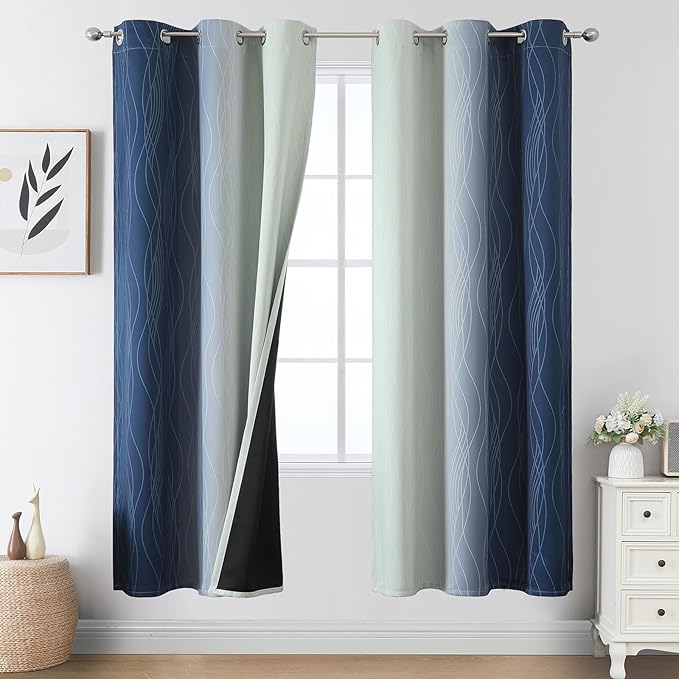 Estelar Textiler Navy Blue and Sage Green Ombre Blackout Curtains 72 Inches Long 2 Panels, Full Room Darkening Grommet Curtains for Bedroom, Thermal Insulated Light Blocking Gradient Drapes, 42Wx72L