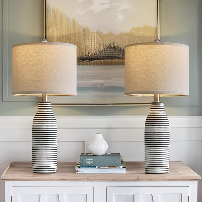 PORTRES 25" Ceramic Table Lamps Set of 2 Beside Lamps for Living Room Modern Bedroom Lamps for Night Stands with Rotary Switch Black and White Stripes