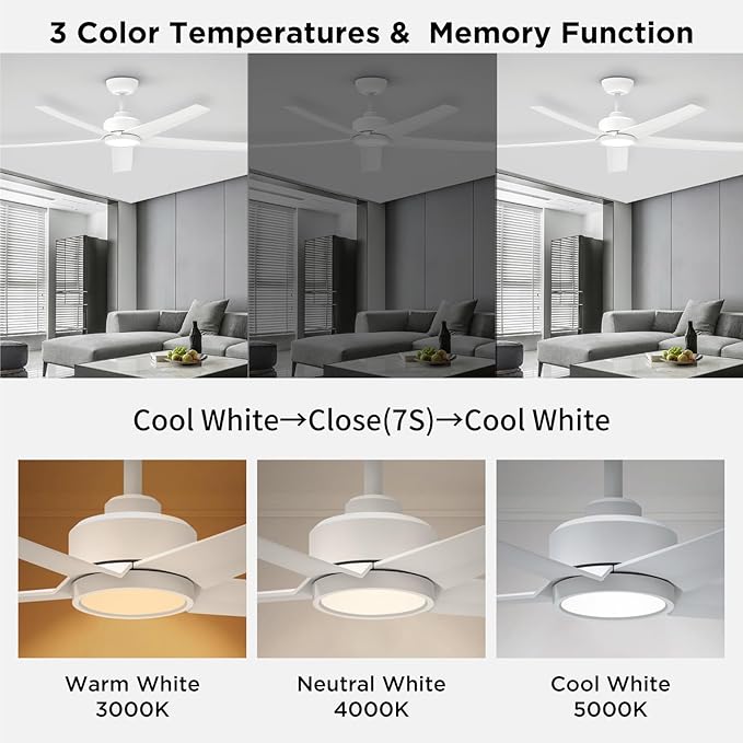 ocioc Ceiling Fans with Lights, 52 inch White Ceiling Fan with Light and Remote Control, 3CCT, Quiet DC Motor, 5 Blades Modern Ceiling Fan for Living Room Indoor/Covered Outdoor