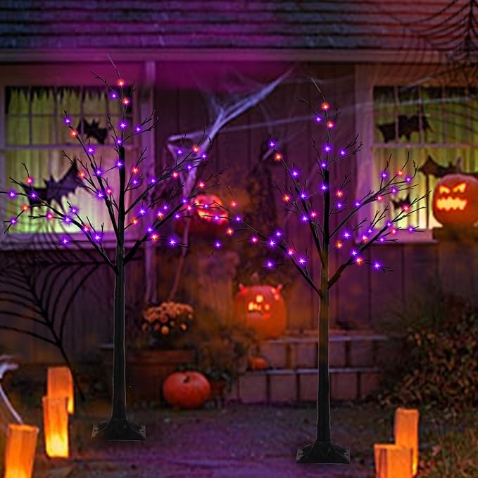 2-Pack 4FT Lighted Black Halloween Tree with 96 LED Orange & Purple Lights (Higher Size & Floor Standing), Halloween Decorations Spooky Tree for Indoor & Outdoor, Home Holiday Party Garden Lawns Decor