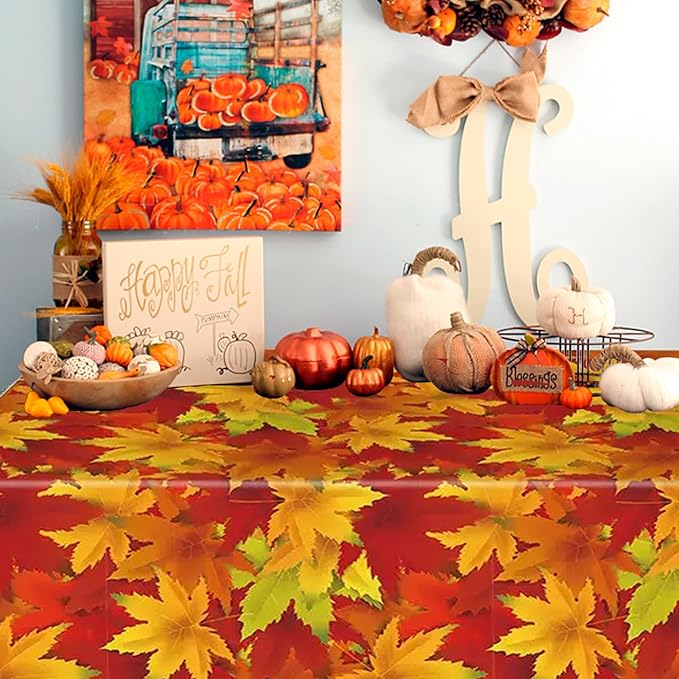 Thanksgiving Autumn Tablecloth 3-Piece Set 54x108 inches, Plastic Tablecloth, Disposable Rectangular Tablecloth for Holiday Dinner Decoration, Farmhouse Kitchen and Autumn Party Supplies