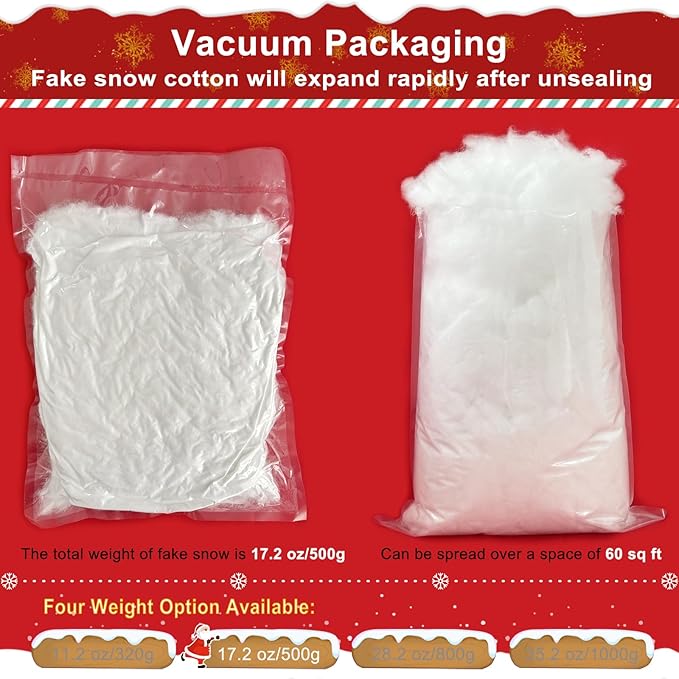 Apragaz Christmas Fake Snow Decoration, 1.1 LB Artificial Snow Fluffy Fake Snow Bulk, Flame Resistant Indoor Snow for Winter Village, Nativity, Christmas Tree, Christmas Decoration