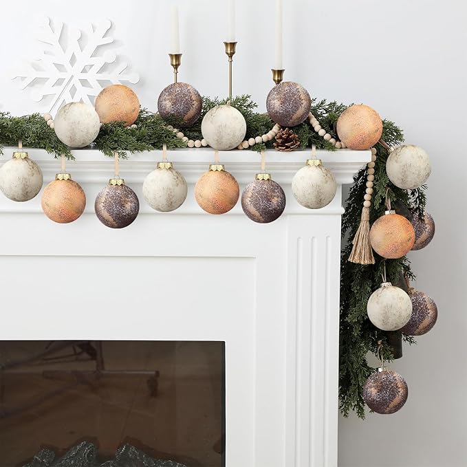 12 Pcs Neutral Textured Christmas Ball Ornaments 2.36'' Vintage Christmas Tree Decor Modern Rustic Brown Ornaments with Loop Shatterproof Hanging Ball for Xmas Farmhouse Decor (Light Brown)