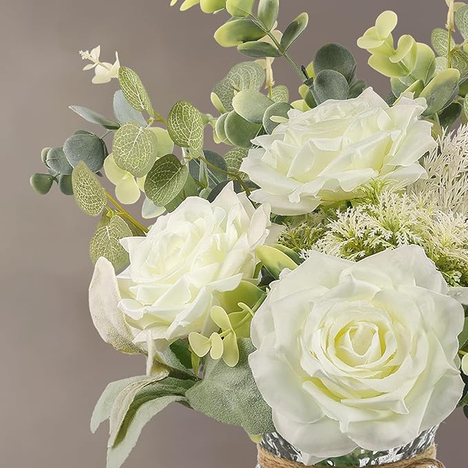 HOHOTIME Artificial Flowers with Vase, White Silk Roses Fake Flower Arrangement with Eucalyptus, Faux Plant Vase for Home Office Dining Table Centerpiece Coffee Table Decor Farmhouse Decoration